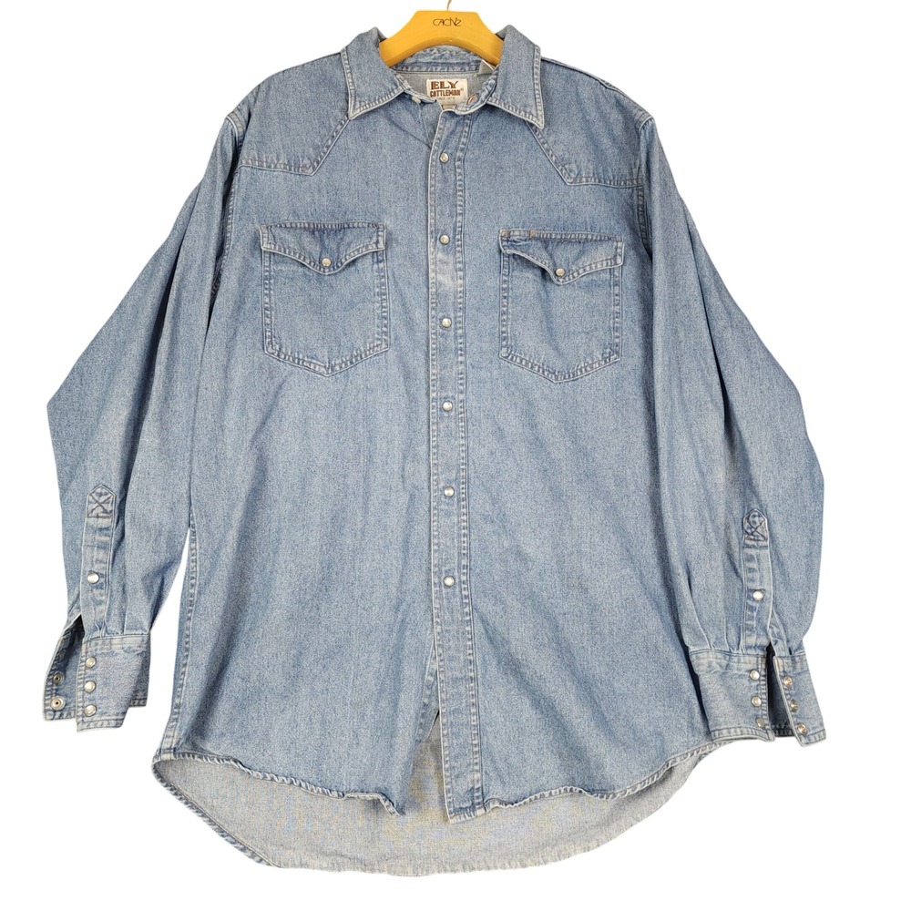 ELY CATTLEMAN Mens Denim Western‎ Shirt Pearl Snap Long Sleeve Size L